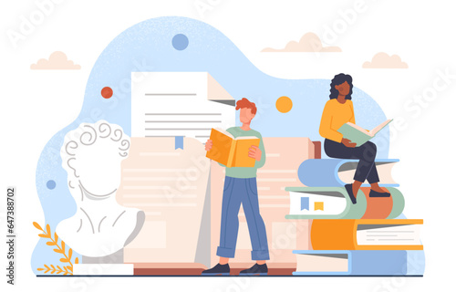 People studying history concept. Man and woman with books and art objects, marble sculpture. Traditions and culture. Educaton, learning and training. Cartoon flat vector illustration