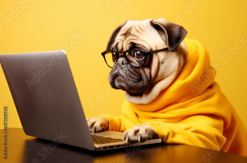 Portrait of a happy pug office worker dog wearing a sweater. The dog looks at the laptop. Computer protection concept. AI generated © Елена Тиханович