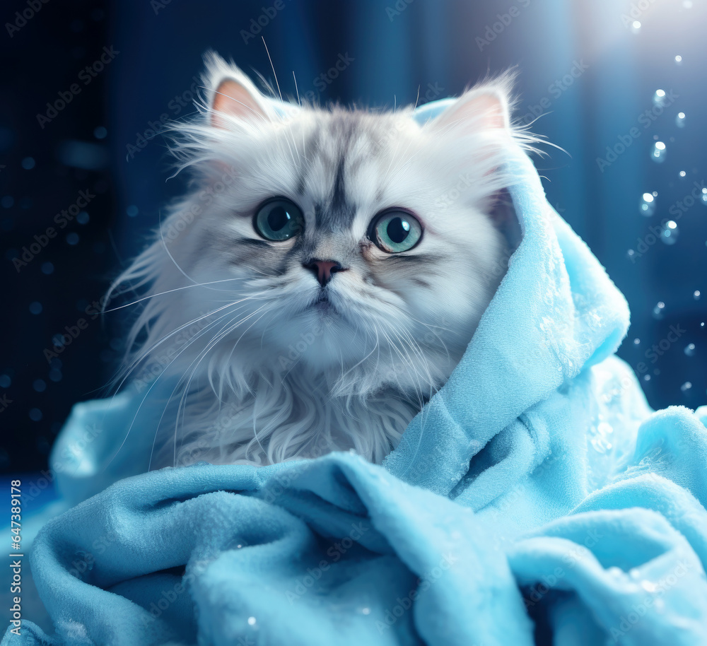 Funny wet gray tabby cute kitten after a bath, wrapped in a blue towel with big eyes. On a blue background. AI generated