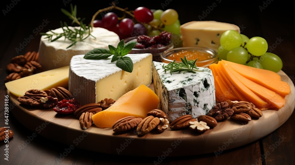 Cheese plate with different types of fermented milk products. Assortment on a wooden board. Slicing for the holiday table. Snack for wine. Banner with copy space
