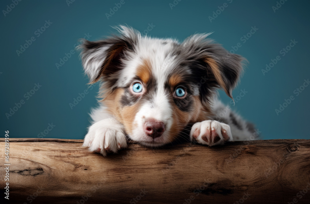 Beautiful Australian Shepherd puppy isolated on a blue background. studio portrait of a dog. front view. dog isolated. Close-up of the dog's face. AI generated Beautiful Australian Shepherd puppy isolated on a blue background. studio portrait of a dog. front view. dog isolated. Close-up of the dog's face. AI generated