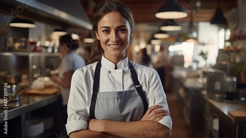 Smiling female chef wearing an apron.