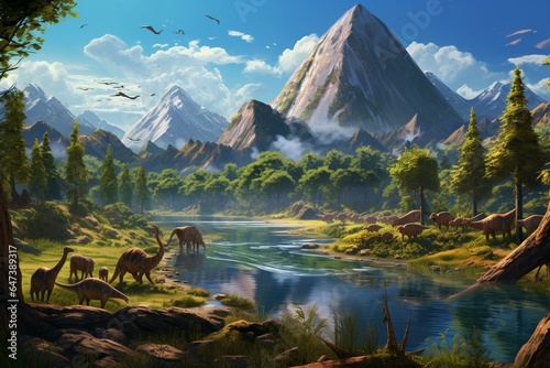 river in the dinosaur cretaceous era. Generative AI © Tova