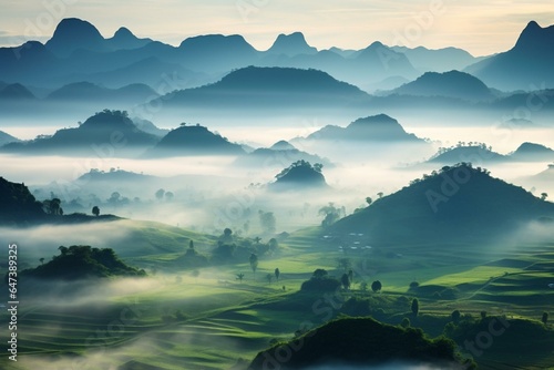 The misty landscape of Samer Dao mountain in Nan, Thailand during morning. Generative AI