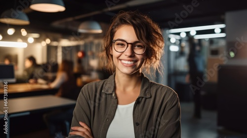 smiling young female graphic designer wearing glasses