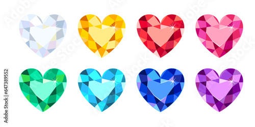 Set of colorful gems in shape of heart. Vector cartoon flat illustration of faceted diamonds.