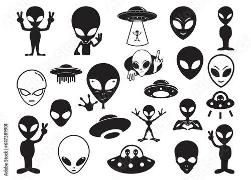 Aliens UFO vector bundle, Aliens clipart, UFO clipart, Aliens silhouette.	