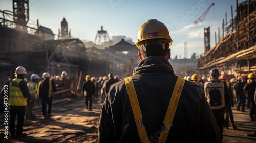 Construction engineer talking to workers at building construction site