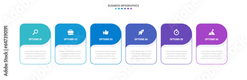 Timeline infographic with infochart. Modern presentation template with 6 spets for business process. Website template on white background for concept modern design. Horizontal layout.
