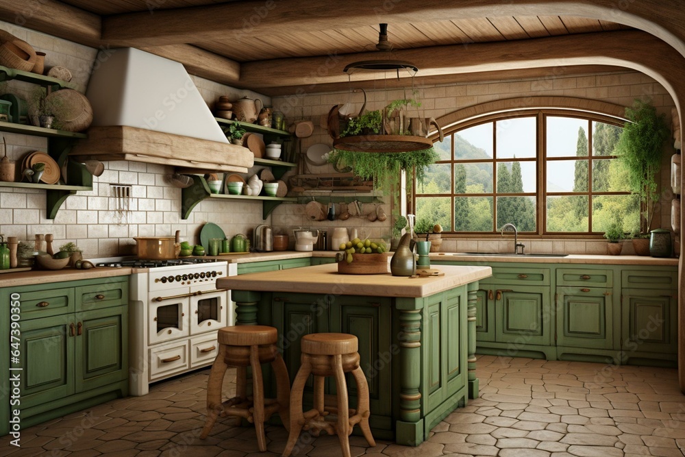 Render of rustic kitchen with green and beige color scheme, island, white tiles, and wooden logs on the ceiling. Generative AI