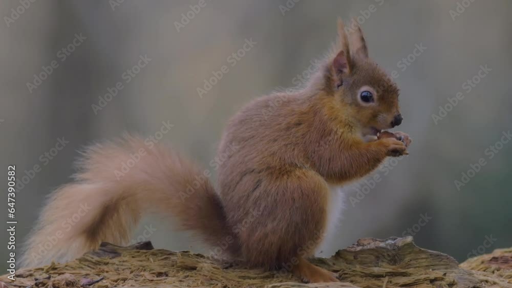 red squirrel feeding on nut while sitting on fallen tree, runs off red squirrel feeding on nut while sitting on fallen tree, runs off