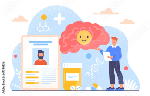 Man with mental health concept. Psychologist analyzes patients personal file. Psychological help. Mindfulness and dealing with frustration and depression. Cartoon flat vector illustration
