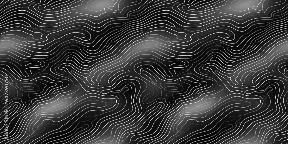 Obraz premium Black and white topographic map with a repeating seamless pattern. Abstract background with waves.