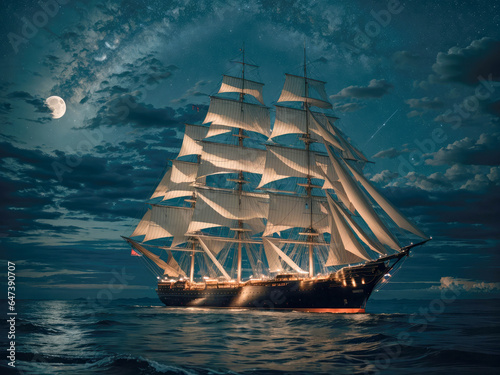 in the dark of night, a tall sailing ship sails across moonlit seas, clouds, moon, stars, colorful. takenneon light