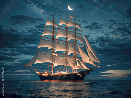 in the dark of night, a tall sailing ship sails across moonlit seas, clouds, moon, stars, colorful. takenneon light
