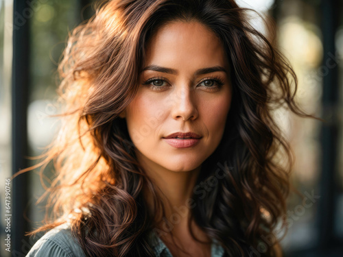 portrait smart confident smiling brunette woman. fair skinned woman in her 40s with long dark auburn hair. Attractive young woman looking at camera, posing for photo