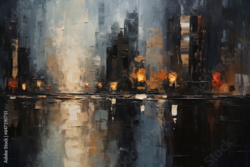 Acrylic painting of city space, romantic and beautiful city painting at night