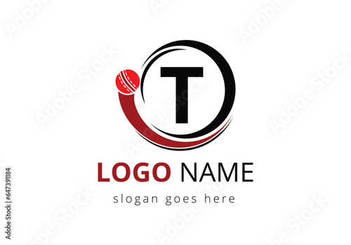 Letter T Cricket Logo Concept With Moving Cricket Ball Icon. For Cricket Club Symbol Vector Template