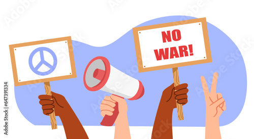People against war concept. Men and women with signs and placards with peace symbol. Humanism and active society. Democracy and freedom of spech. Support Ukraine. Cartoon flat vector illustration