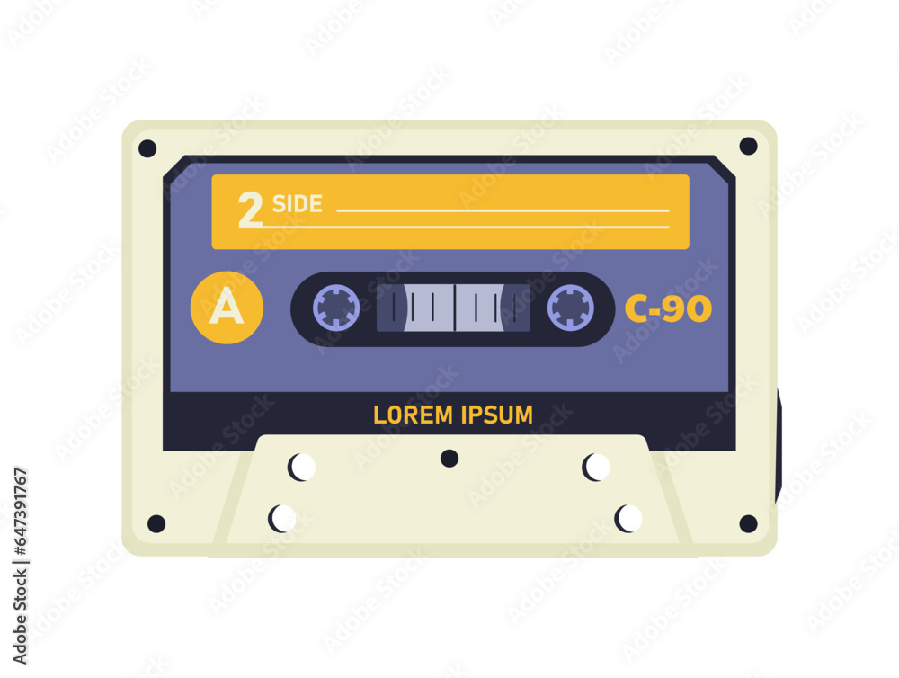 Audio cassette concept. Retro sound equipment for tape recorder. Popular musicial album. Template, layout and mock up. Cartoon flat vector illustration isolated on white background
