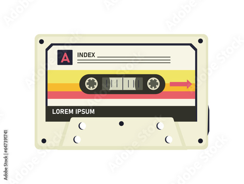 Audio cassette concept. Retro sound equipment for tape recorder. Music and songs, favorite playlists. Sticker for social networks. Cartoon flat vector illustration isolated on white background