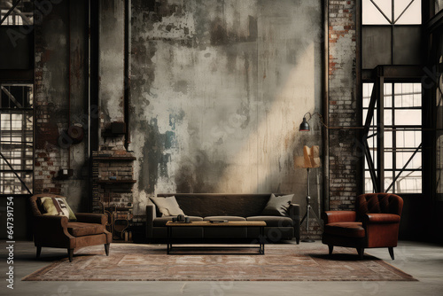 Living room in industrial style with leather sofa and brick wall.