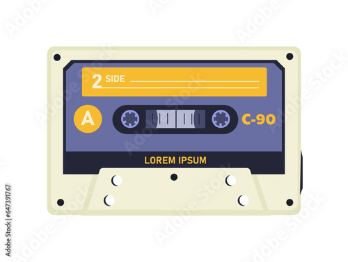 Audio cassette concept. Retro sound equipment for tape recorder. Popular musicial album. Template, layout and mock up. Cartoon flat vector illustration isolated on white background