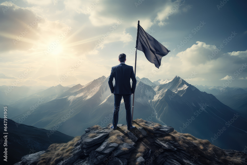 Business success and goal concept with a silhouette of a successful businessman standing with a large flag on top of a mountain in the morning sunlight, featuring his success.