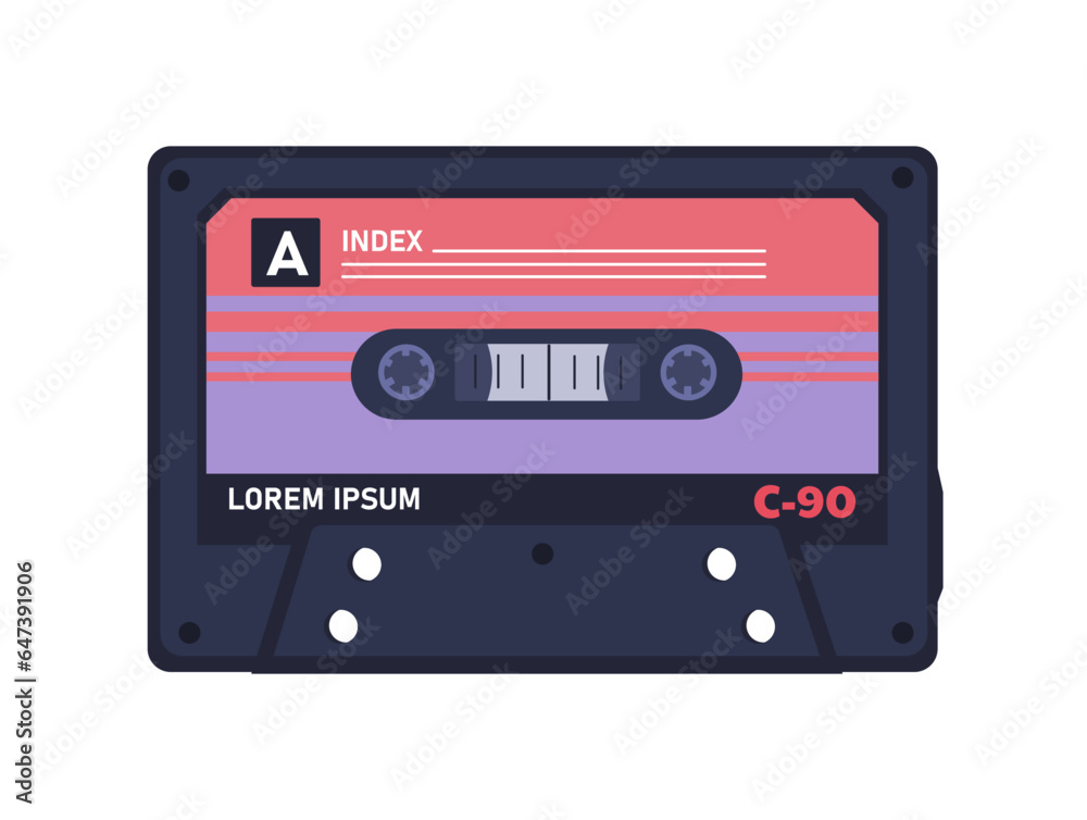 Audio cassette concept. Retro sound equipment for tape recorder. Back to 80s and 90s. Music and songs. Social media sticker. Cartoon flat vector illustration isolated on white background