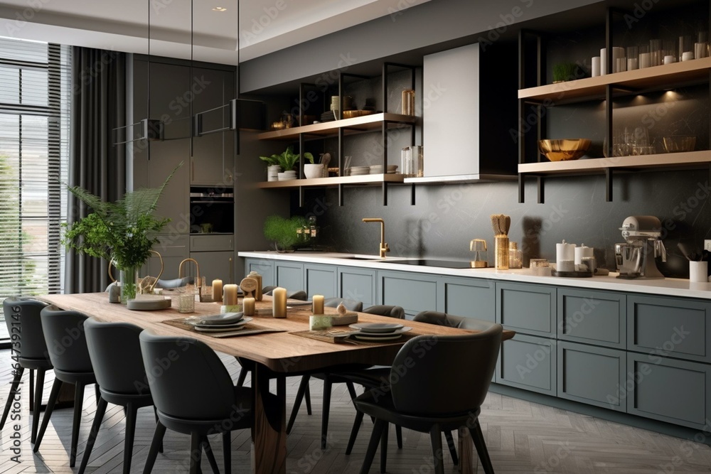 Modern kitchen with gray tones, cooking space, and stylish decor. Generative AI