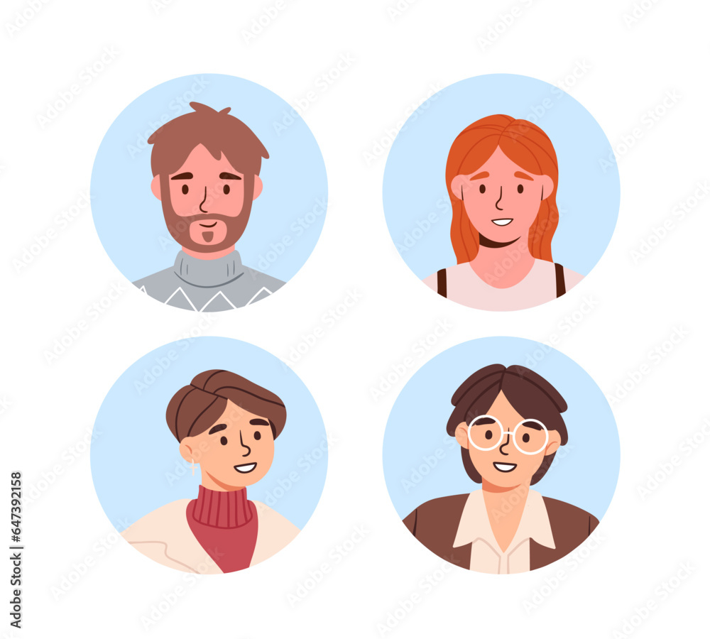 Set of users avatars concept. Men and women from different cultures. Generations and genders for social media. Society and unity. Cartoon flat vector collection isolated on white background Set of users avatars concept. Men and women from different cultures. Generations and genders for social media. Society and unity. Cartoon flat vector collection isolated on white background