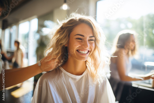 Joyful Woman Smiles During Sunlit Haircut