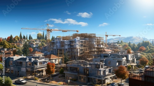 Construction site with tower crane and excavator Residential building construction