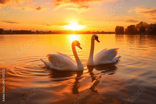 Golden Hour Elegance: Swans on a Tranquil Lake