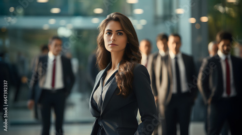 Mujer ejecutiva latina con rostro moreno traje ejecutivo y mirada exitosa, liderando un grupo de personas en oficinas ejecutivas, empleada exitosa
