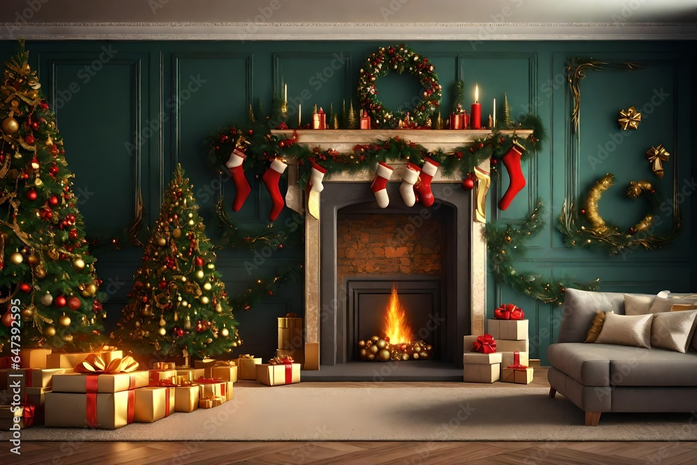 House living room decorated for Christmas celebrate. Christmas holiday eve. Green fir tree with gold decor. Flame in fireplace. Gift box with gifts for family