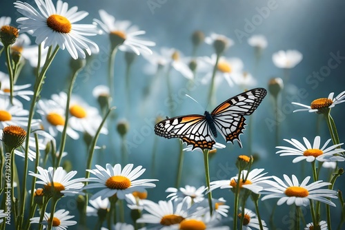 Beautiful wild flowers daisies and butterfly in morning cool haze in nature spring close-up macro. Delightful airy artistic image beauty summer nature © Areesha