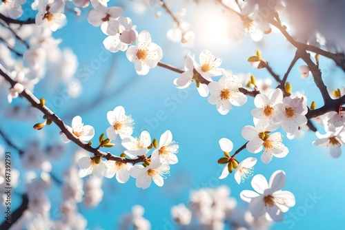 Beautiful floral spring abstract background of nature. Branches of blossoming apricot macro with soft focus on gentle light blue sky backgroun