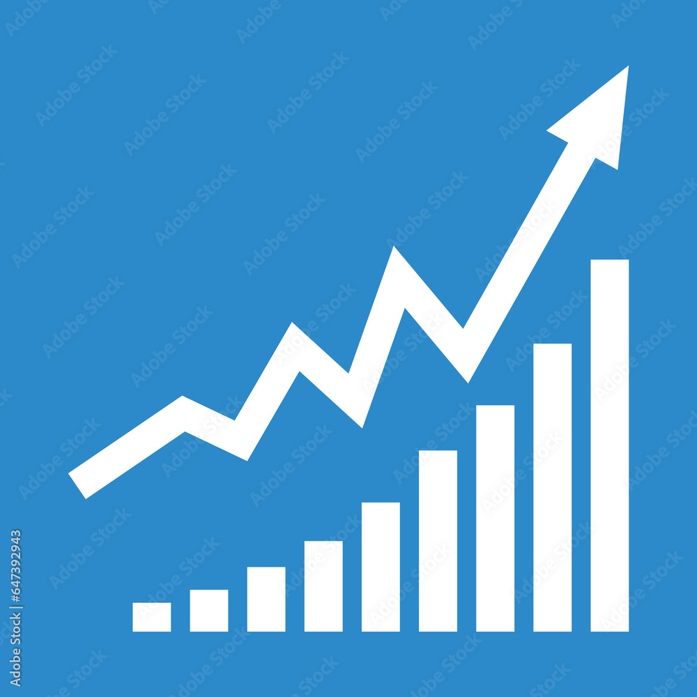 Graph data with an upward stepping arrow. Growth Bar white stairs step to growth success vector illustration on blue. Progress way and forward achievement creative concept. Bar graph of white bars. Graph data with an upward stepping arrow. Growth Bar white stairs step to growth success vector illustration on blue. Progress way and forward achievement creative concept. Bar graph of white bars.