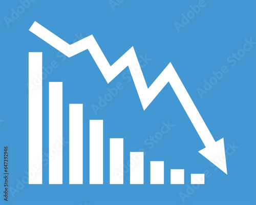 White arrow going down stock icon on blue background. Decrease, Bankruptcy, financial market crash icon for your web site design, logo, app, UI. graph chart downtrend symbol.chart going down sign.