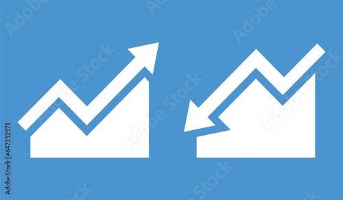 Graph going Up and Down with white arrows on blue.White chart bar vector illustration concept of sales bar chart symbol icon with arrow moving down and sales bar chart with arrow moving up.