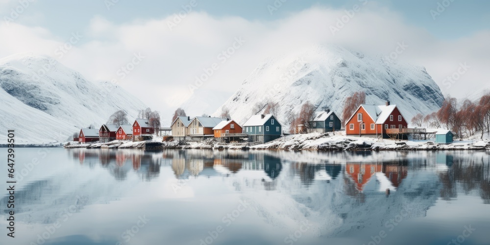 Winter landscape of Scandinavian-style houses by the lake, minimalism, image for a postcard or poster. - obrazy, fototapety, plakaty 