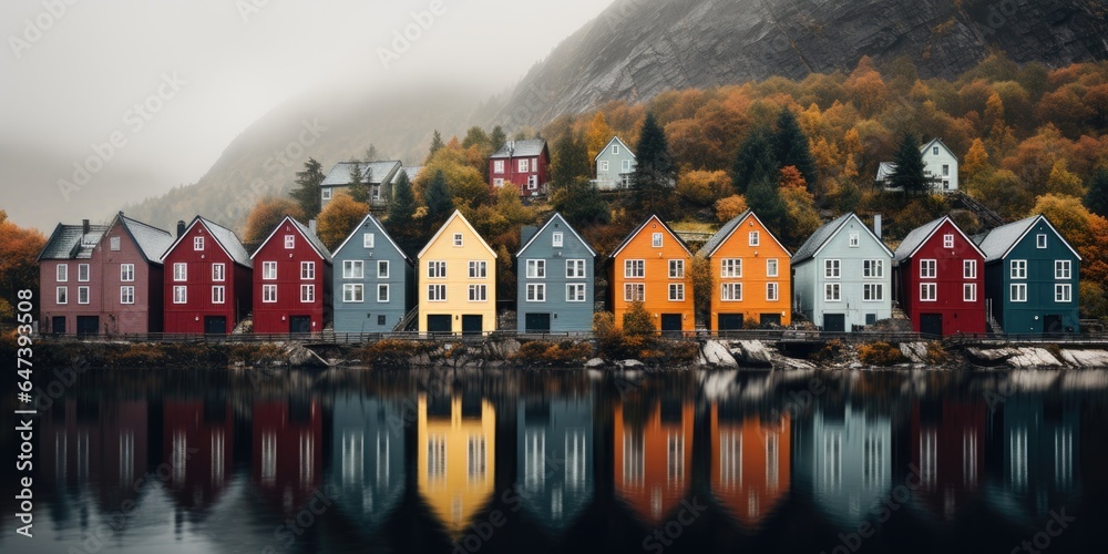 Yellow, red houses by the lake, Scandinavian style. Image for poster. Generative AI - obrazy, fototapety, plakaty 