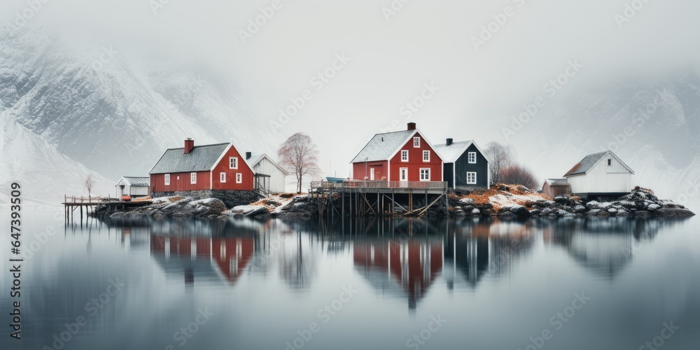 Obraz na płótnie Gorgeous scandinavian style houses, Image for postcard or poster. Generative AI w salonie