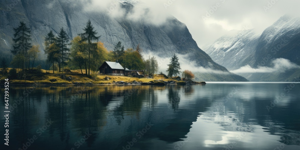 Obraz na płótnie lake houses, scandinavian style. Minimalism. Image for poster. Generative AI w salonie
