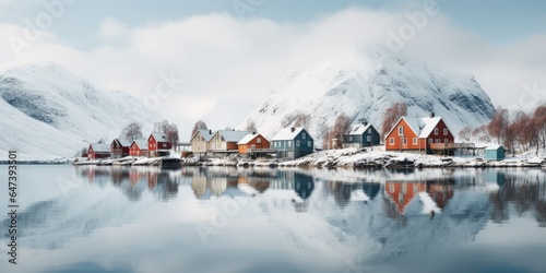 Gorgeous scandinavian style houses, Image for postcard or poster. Generative AI
