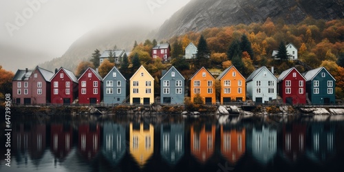 Yellow, red houses by the lake, Scandinavian style. Image for poster. Generative AI photo