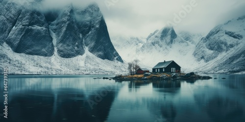 lake houses, scandinavian style. Minimalism. Image for poster. Generative AI photo