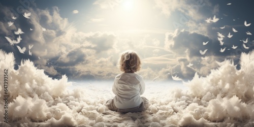 Canvas Print A child on cloud with his back to the camera
