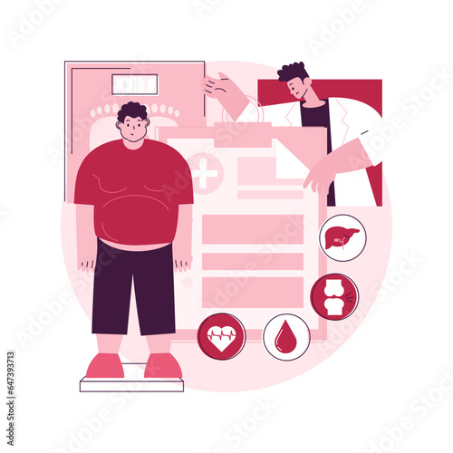 Obesity health problem abstract concept vector illustration. Obesity main causes, overweight treatment, obese people, fast junk food, body fat, low daily activity, bad shape abstract metaphor.